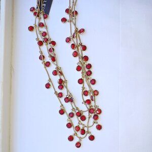 NWT Anne Klein 3 Strand Layered Necklace, Red Crystals in Open Bezel Gold Tone